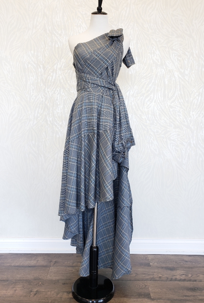 GREY CHECK PRINT HIGH AND LOW ASYMMETRIC DRESS